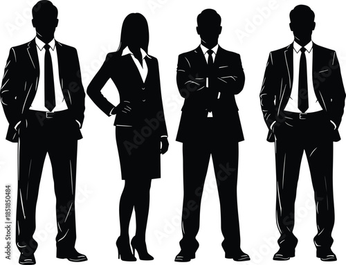 Confident business professionals silhouettes standing together in formal suits isolated on white background representing corporate leadership success teamwork