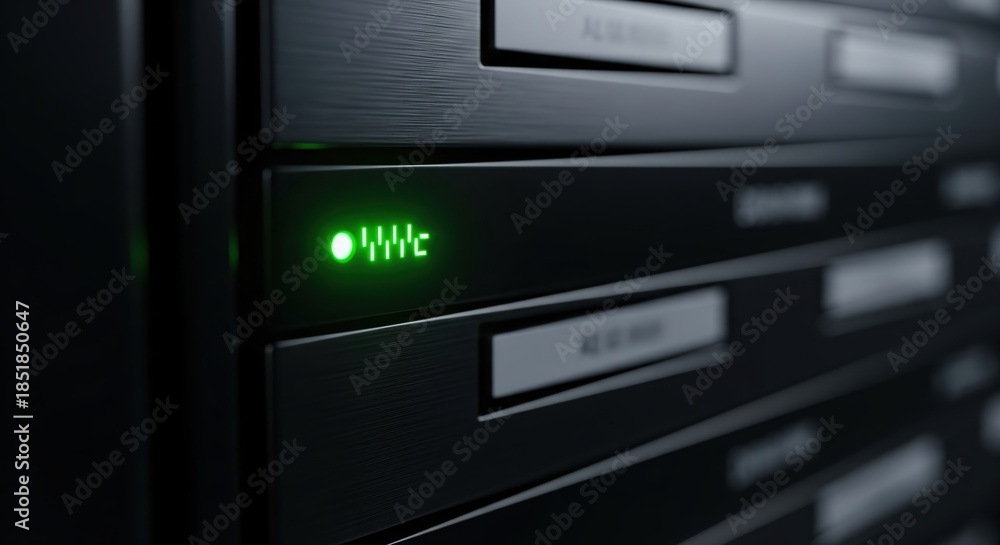 Obraz premium Modern Server Rack with Green Status Light Indicating System Functionality and Health
