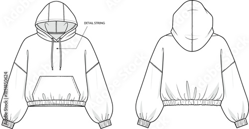 Cropped pullover hoodie fashion flat sketch, front back views, technical casual streetwear apparel design illustration vector