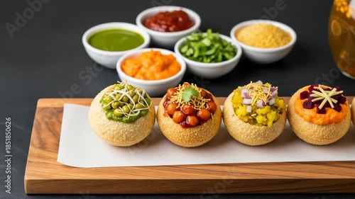 Artisanal Pani Puri A Culinary Showcase of Indian Street Food Delights with Diverse Fillings and Garnishes