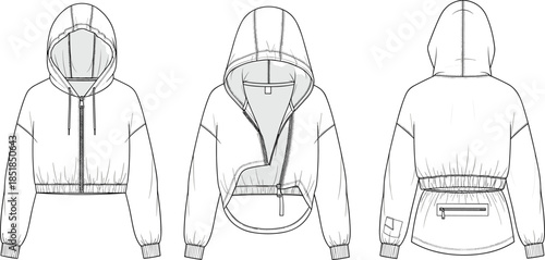 Cropped zip hoodie jacket fashion flat sketch, front back views, technical streetwear outerwear apparel design illustration vector template