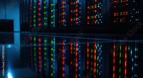 High-Tech Data Center with Colorful LED Lights and Reflective Floor in Dark Environment