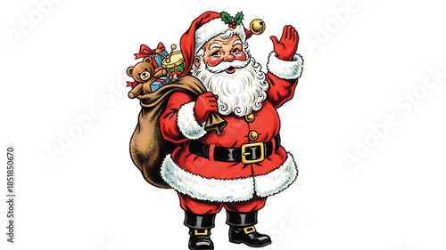 Jolly Santa Claus waving hello with a sack full of gifts, ready for Christmas cheer