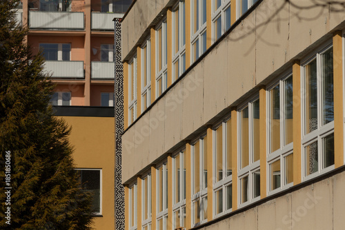 Canvas Print school campus exterior with yellow facade row of tall windows overlooking tree,