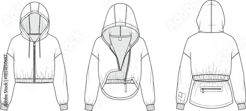 Cropped zip hoodie jacket fashion flat sketch, front back views, technical streetwear outerwear apparel design illustration