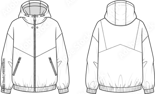 Hooded zip jacket technical fashion flat, front back view, outerwear apparel design illustration vector