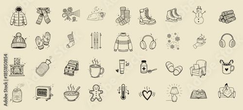 Winter essentials doodle hand drawn icons set. Cold season items symbols, clothing warmth snow holiday comfort. Vector illustration