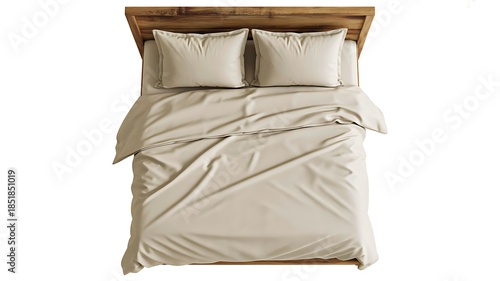 Minimalist double bed with beige bedding isolated on white background, top view bedroom furniture
