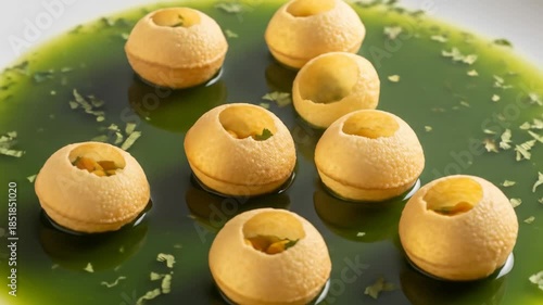 Artistic Presentation of Indian Street Food Pani Puri Floating in Vibrant Green Mint Water