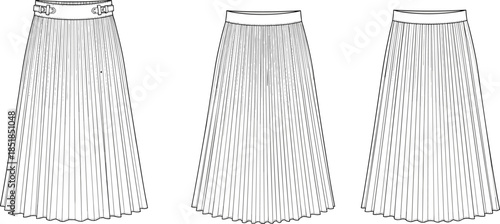 Pleated long skirt fashion flat sketch, front back views, elegant women apparel technical design illustration