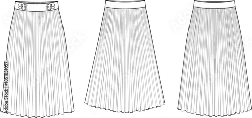  Pleated skirt fashion flat sketch, front back views, high waist women apparel technical design illustration