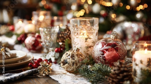 Cozy Christmas table setting with candles and ornaments on wooden table