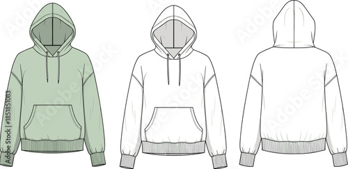 Pullover hoodie fashion flat sketch, front back views, technical casual streetwear apparel design illustration