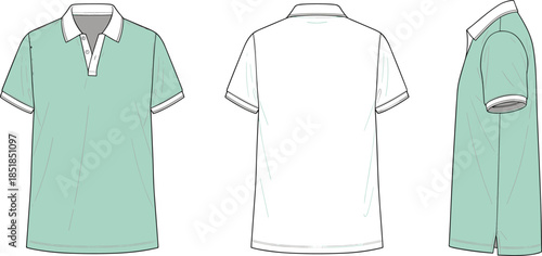 Short sleeve polo shirt fashion flat sketch, front back side views, technical casual apparel design illustration