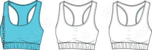 Sports bra fashion flat sketch, front back views, technical activewear fitness apparel design illustration womens seamless performance template
