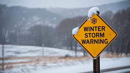Winter Storm Warning Road Sign in Snowy Rural Landscape
