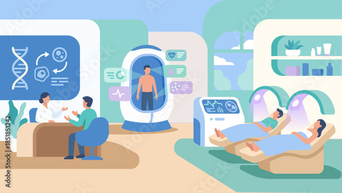 Anti-Aging Clinic Flat Color Vector Illustration – Modern Longevity Healthcare