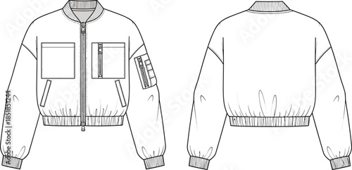 Technical bomber jacket fashion flat sketch, front and back view, modern utility outerwear design illustration