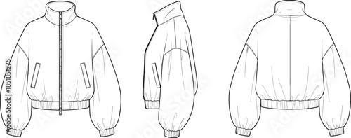 Technical fashion flat illustration of cropped bomber jacket, with ribbed cuffs collar zipper front view back side sleeves