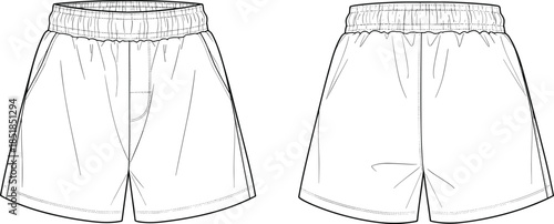 Technical fashion flat illustration of elastic waist shorts with front and back views apparel design sketch