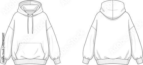 Technical fashion flat illustration of relaxed fit hoodie sweatshirt with drawstring hood ribbed cuffs front back views