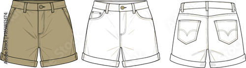 Women casual shorts fashion flat sketch, front back views, rolled hem apparel technical design illustration