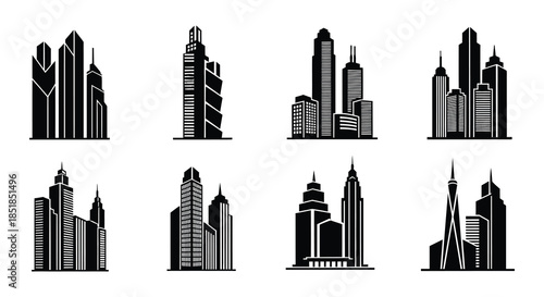 A collection of modern skyscraper silhouettes in a monochromatic style