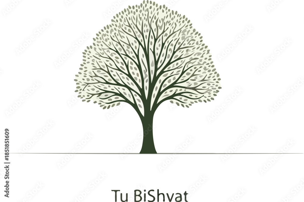 Obraz premium Illustration of a tree with green leaves on a white background, representing Tu BiShvat, a Jewish holiday celebrating nature and renewal.