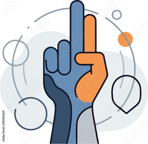 Illustration of two hands with index fingers pointing upwards in a colorful, stylized graphic with abstract shapes on a white background.