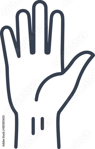 A hand with palm facing forward and fingers spread apart in a stop or halt gesture on a white background with a minimalist line drawing style.