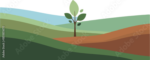 Illustration of a small plant growing in layered soil with green and brown tones on a white background.