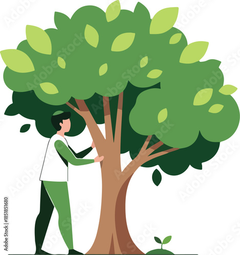 A person in green clothing hugs a large tree with lush green leaves on a white background in a flat illustration style.