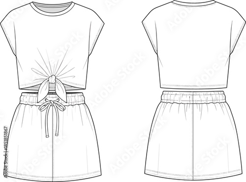 Women cropped top skirt set fashion flat, front back technical sketch, casual two piece outfit illustration