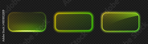 Neon green 3D button isolated. Frame glowing light rectangle box. Vector template for game UI interface