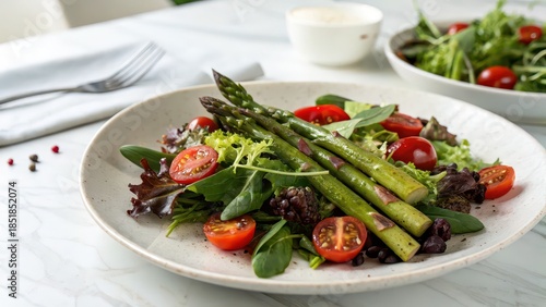 Fresh green salad with grilled asparagus and cherry tomatoes served on ceramic plate, perfect for healthy eating promotion, food delivery, clean eating menu, diet blog or lifestyle magazine