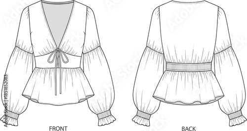 Women peplum blouse technical flat sketch showing front and back views with tie neckline, gathered waist, long sleeves, vector apparel design