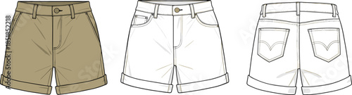 Women rolled hem shorts fashion flat, front back views, casual summer apparel technical design illustration