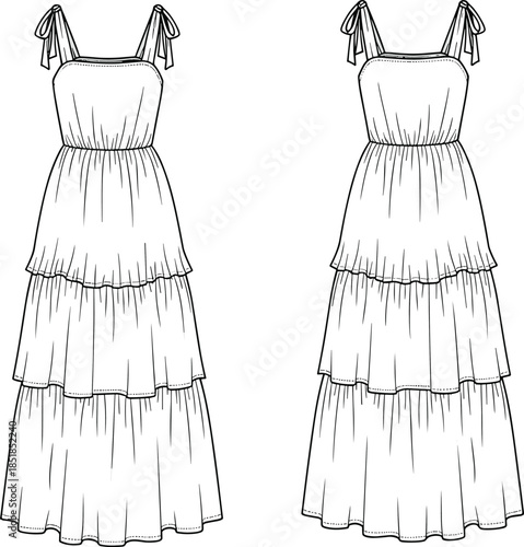 Women tiered maxi dress fashion flat sketch, front back views, sleeveless strap apparel design illustration vector