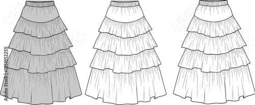 Women tiered skirt fashion flat sketch, front views, layered ruffle feminine apparel design illustration vector