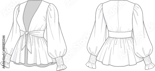 Women wrap blouse technical flat sketch with front and back views, tie waist detail, long sleeves, clean vector apparel illustration