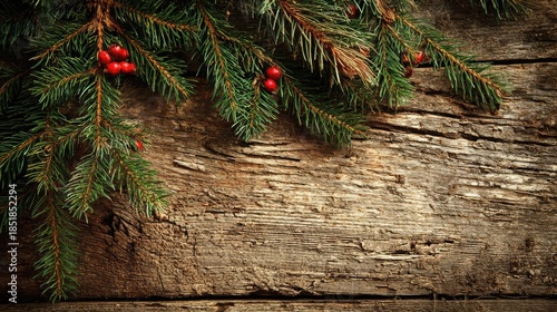 Rustic wooden background with evergreen branches and red berries