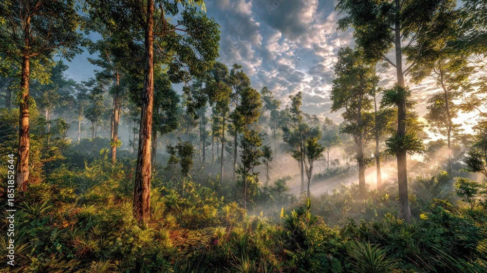 Fototapeta premium Forest landscape with tall trees and sunlight through the misty foliage