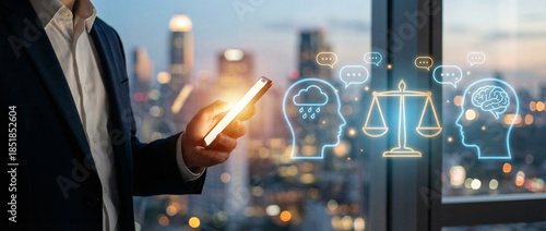 Businesswoman using smartphone with emotion and logic balance icons, decision making in digital age.