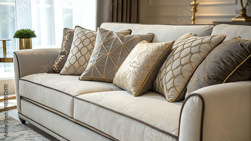 sofa and pillows, Close-up of modern sofa fabric with pillows, warm ambient light, home décor