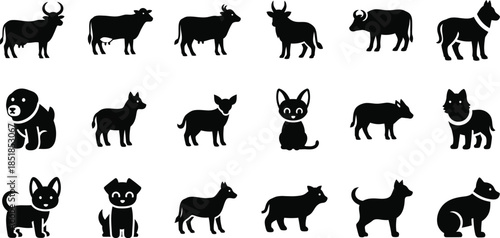 Collection of various dog breeds and animals in silhouette