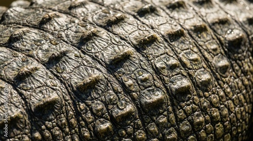 Detailed close up captures rough textured crocodile skin scales glistening with water droplets