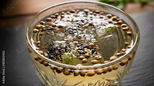 Close-up of Flavorful and Aromatic Pani Puri Water, a Refreshing Indian Street Food Delicacy Preparation