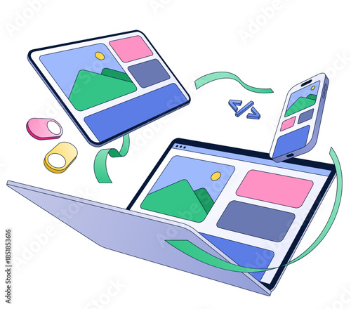 Laptop tablet and phone with synced screens, Multi-device compatibility, Cross-Platform Functionality