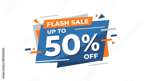 A vibrant graphic banner advertising a flash sale with up to 50% off, featuring bold blue and orange colors and modern typography.