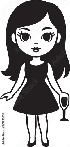 Charming cartoon girl in a black dress holding a wine glass, perfect for celebrations